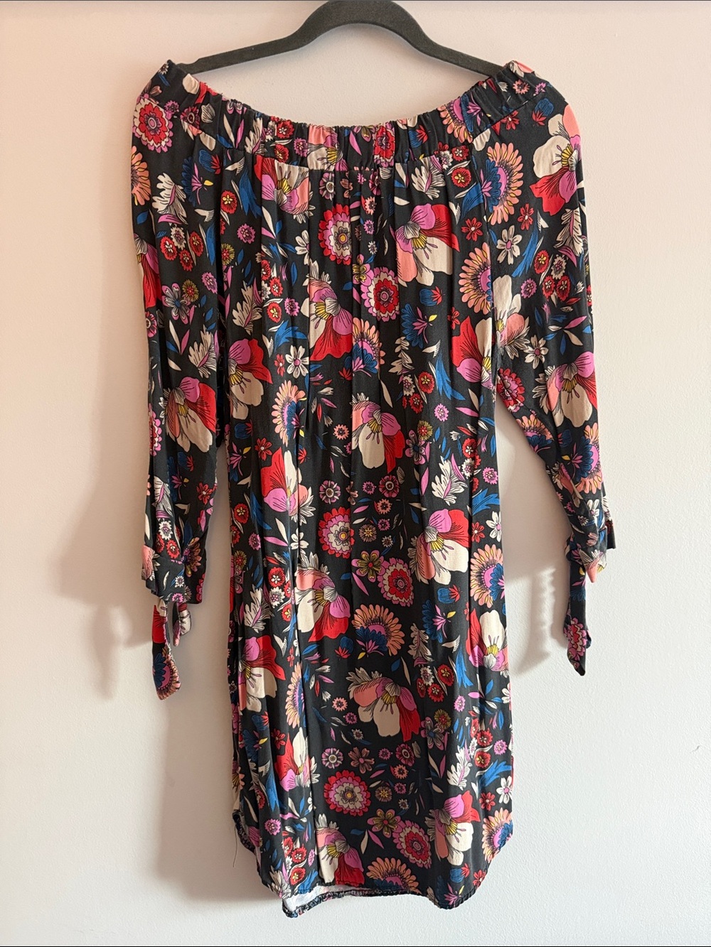 Black Floral Off-Shoulder Long Sleeve Dress with Pink & Cream Blooms